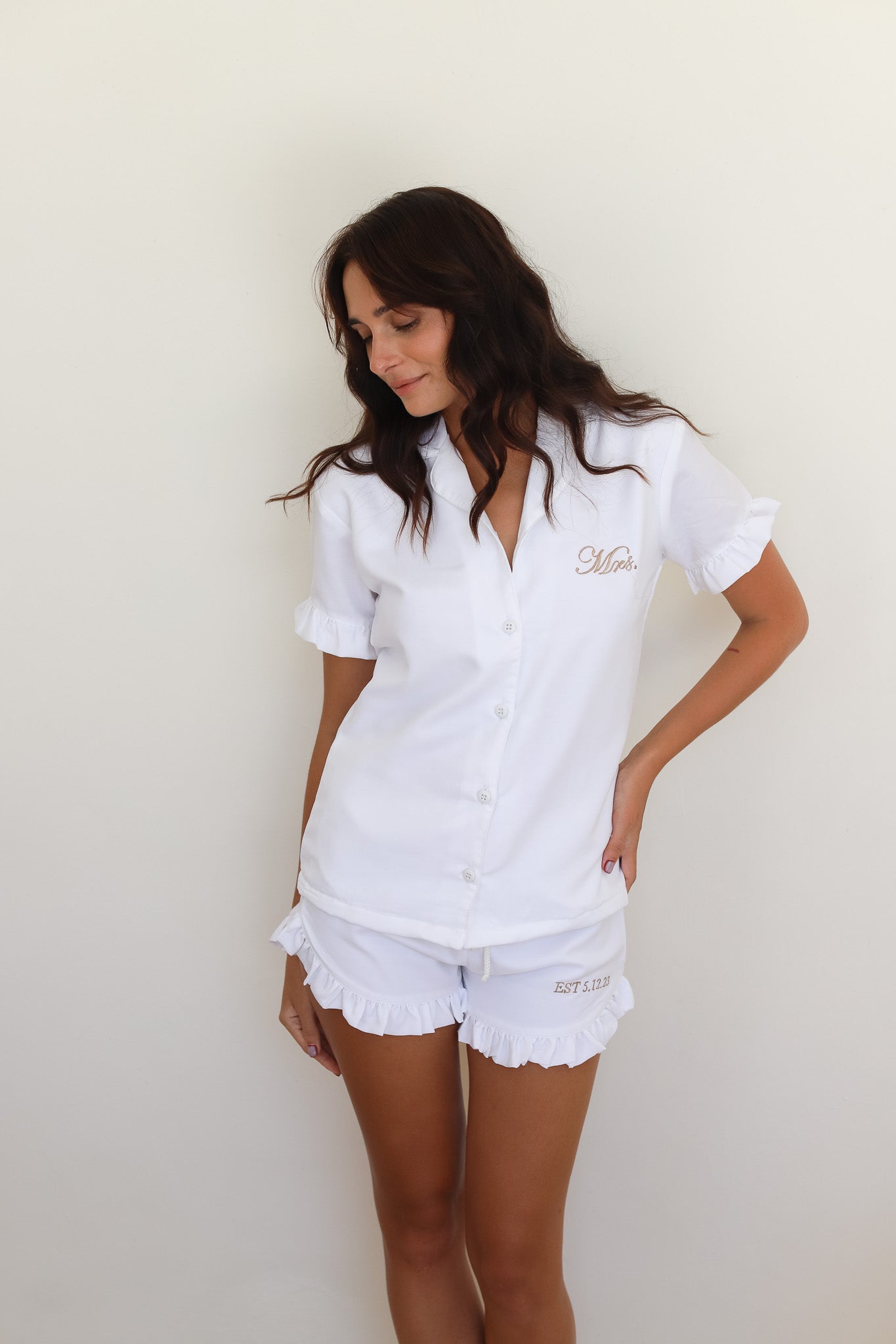 White Ruffle Rayon Shortie Pajamas