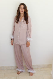 Nude Champagne Satin Feather Winterland Pajamas