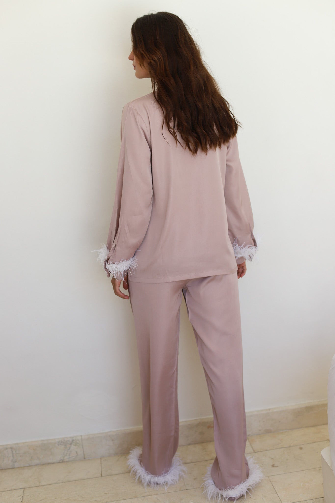 Nude Champagne Satin Feather Winterland Pajamas
