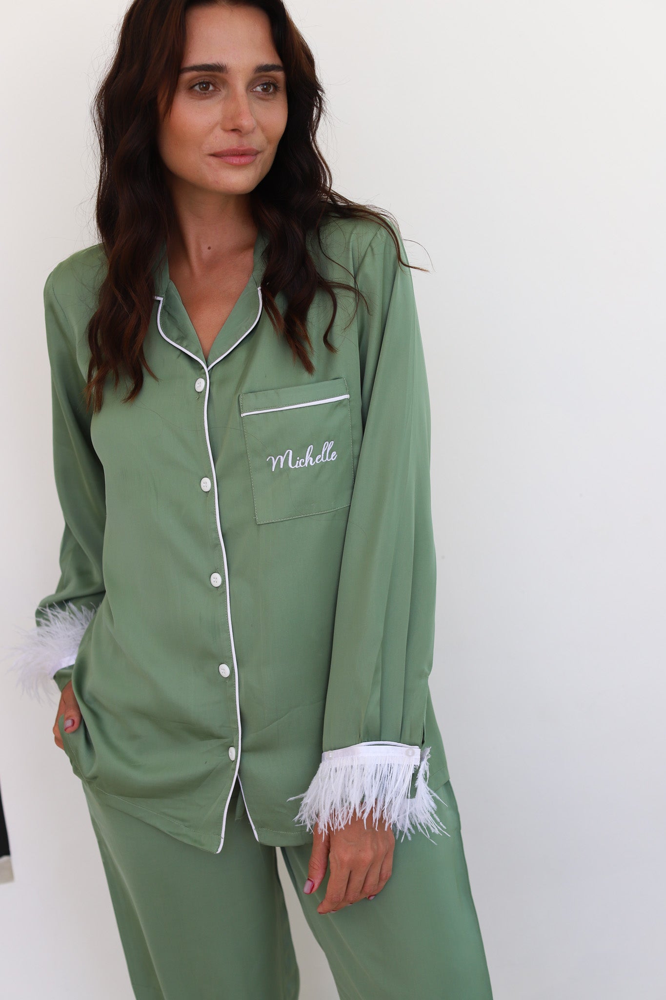 Sage Satin Feather Winterland Pajamas