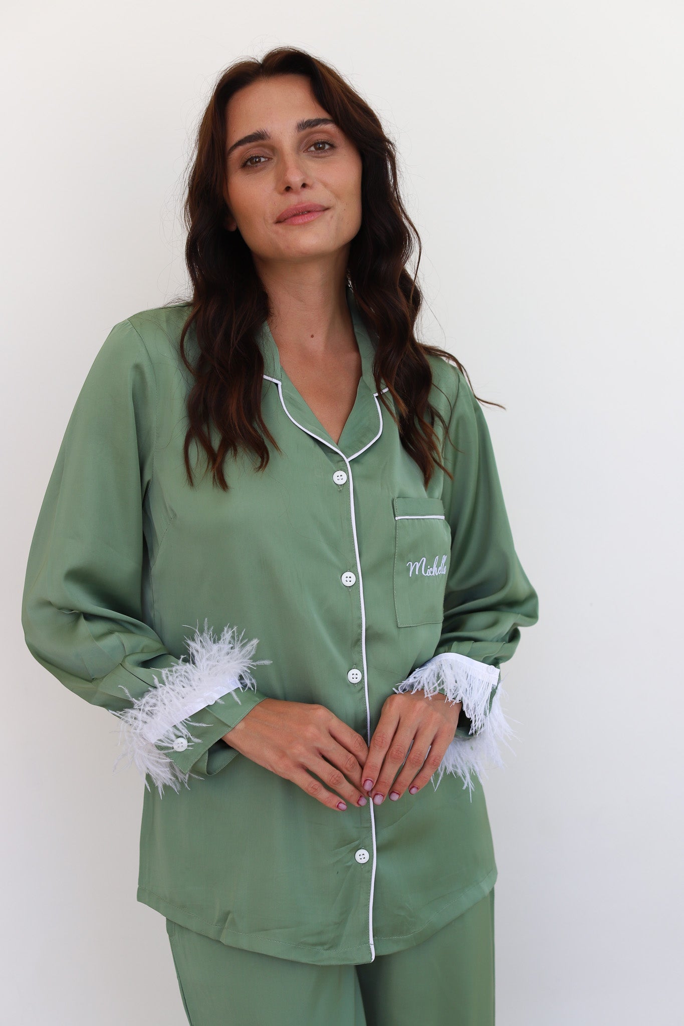 Sage Satin Feather Winterland Pajamas