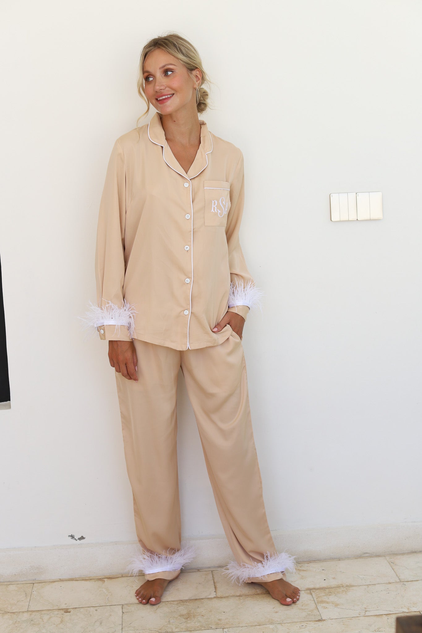 Ecru Satin Feather Winterland Pajamas