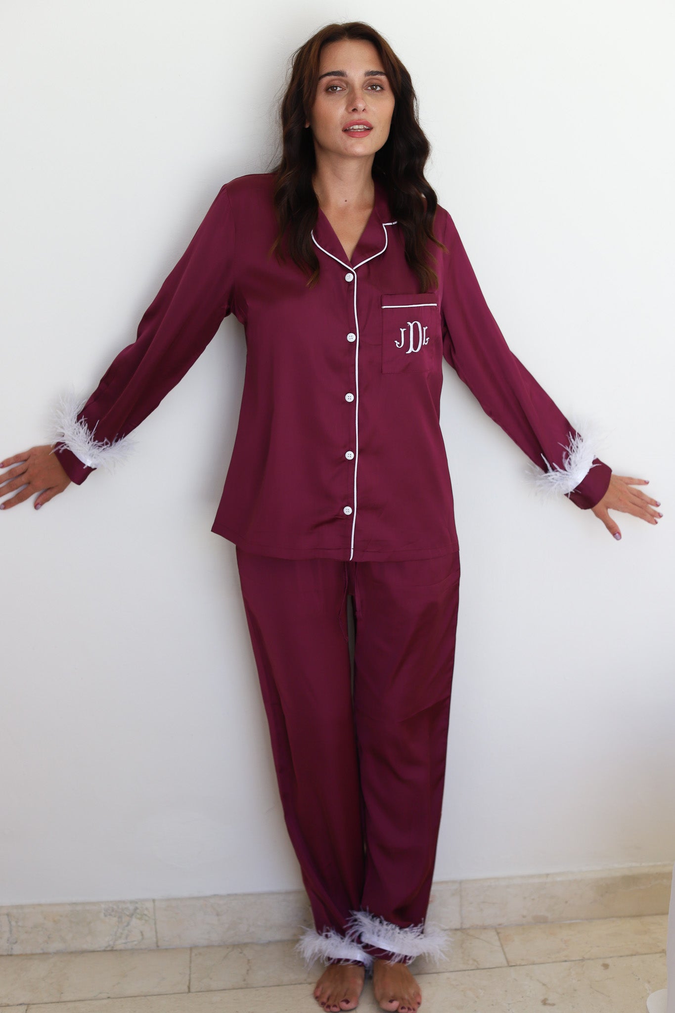 Maroon Satin Feather Winterland Pajamas