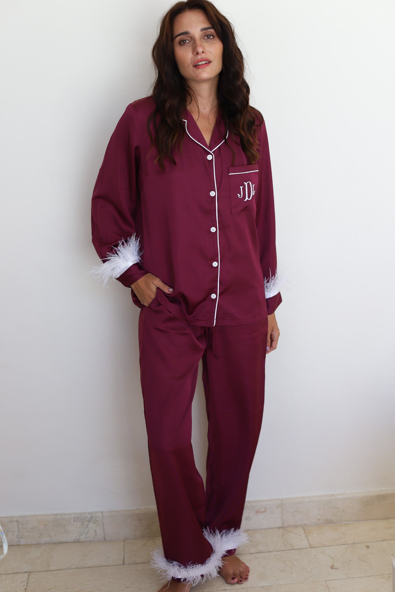 Maroon Satin Feather Winterland Pajamas