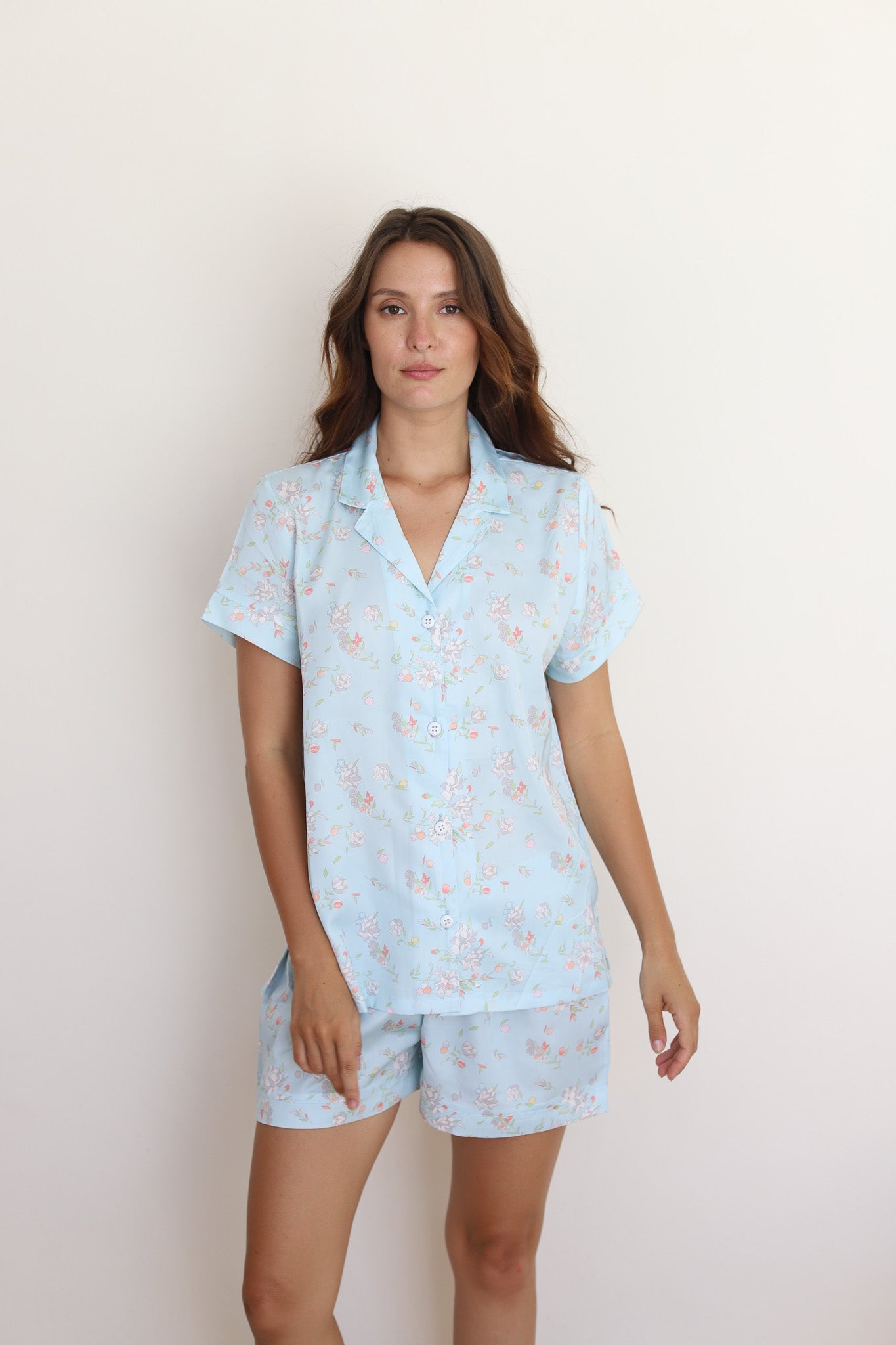 Blue Rose Satin Shortie Pajamas