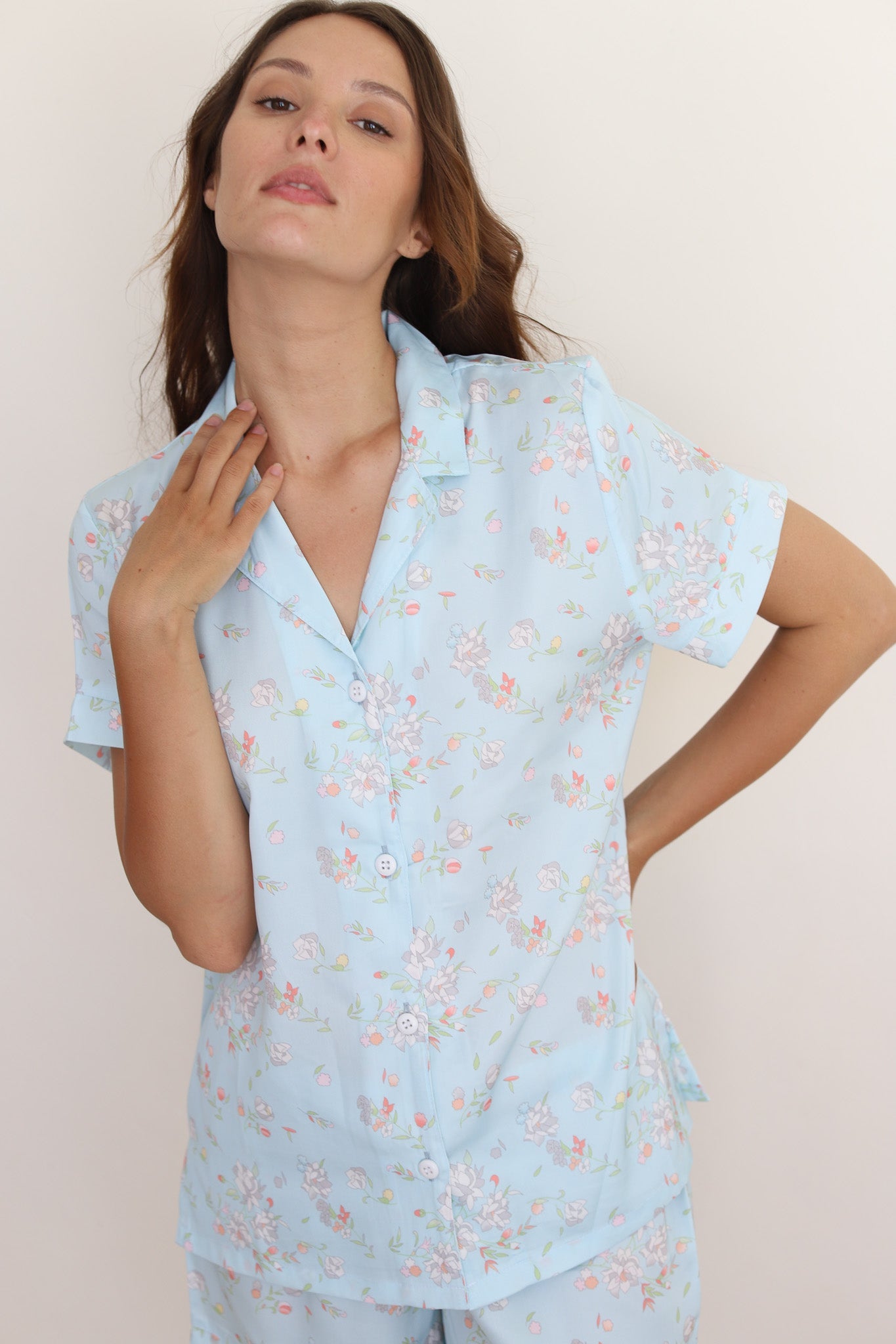 Blue Rose Satin Shortie Pajamas